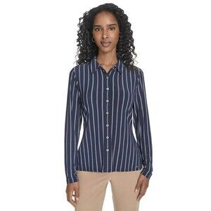 Tommy Hilfiger Women's Striped Long-Sleeve Button Down Shirt Top Midnight Navy M